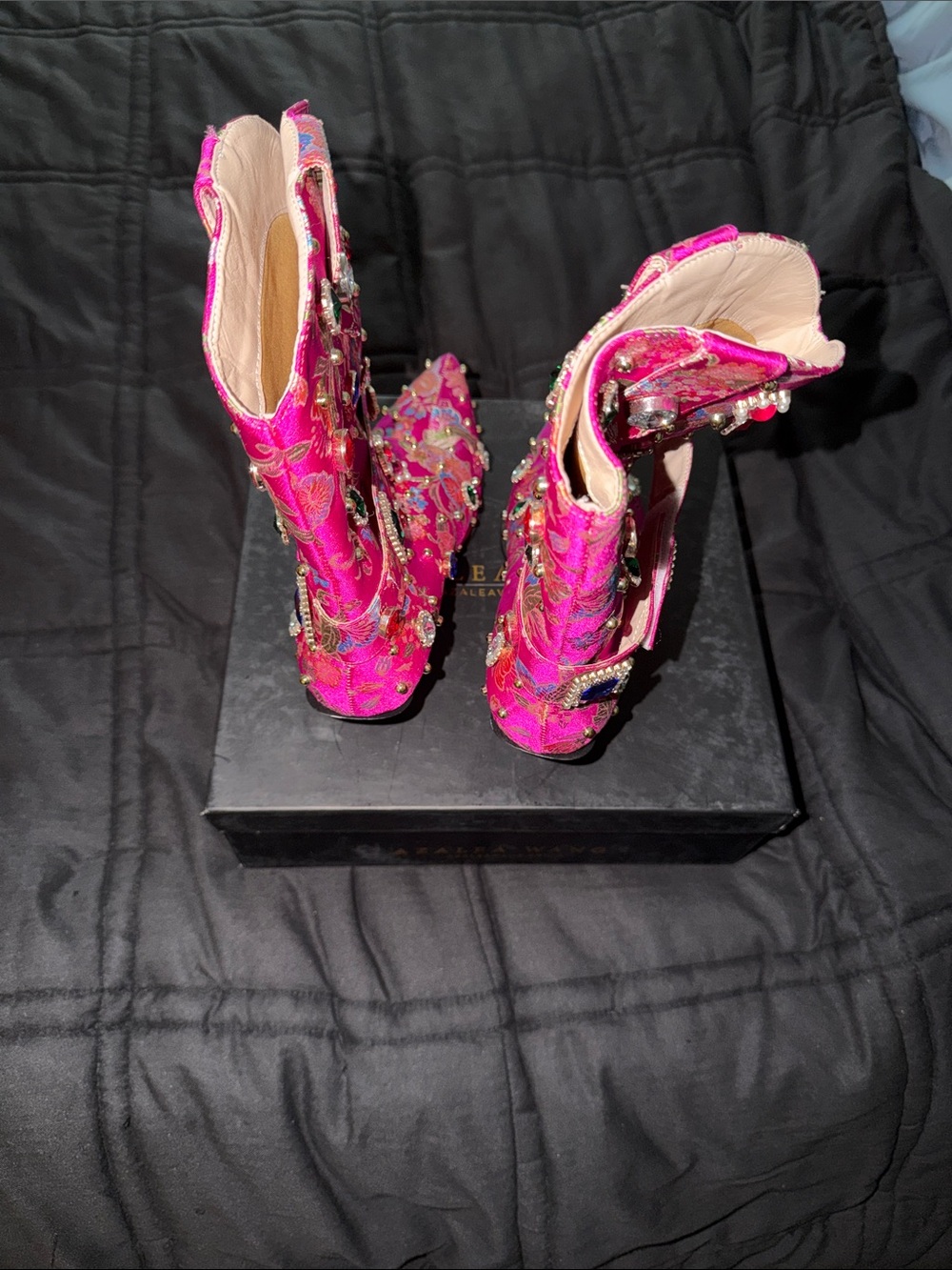 Embroidered Hot Pink Jeweled Pointed Heeled Boots - Picture 2 of 3